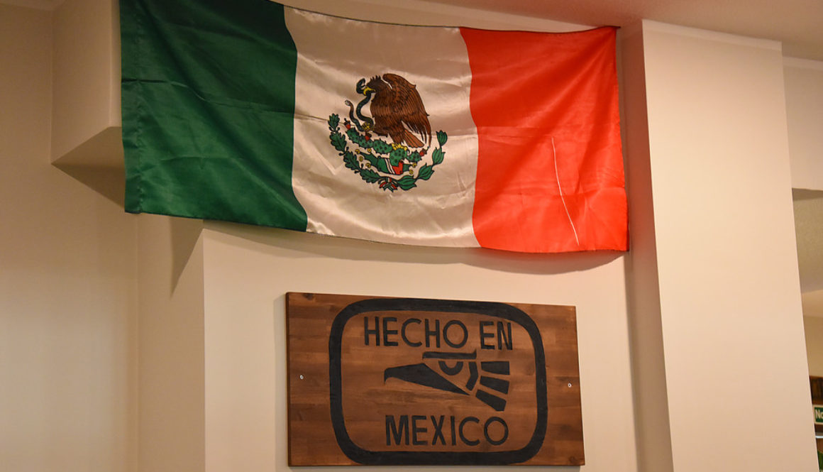Mexikanische Flagge und Holzschild an der Wand hängend